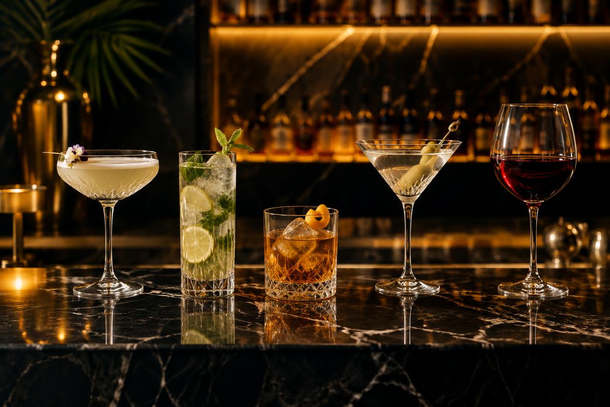 Bar tezgâhında farklı kokteyl bardakları